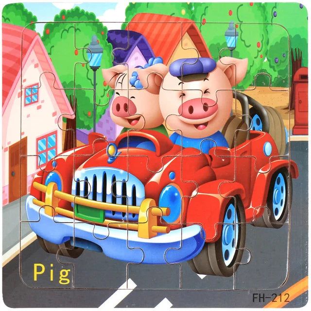 Montessori 3D Wooden Puzzle – 20 Cartoon Animal & Vehicle Pieces for Kids (Ages 1-3)