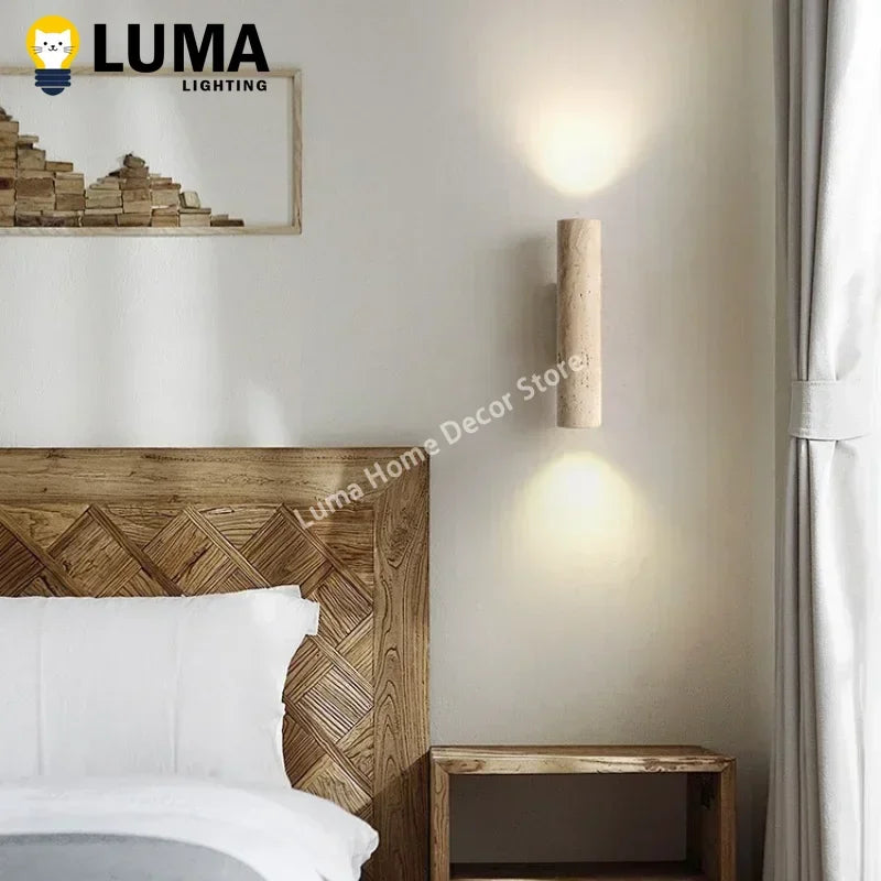 Natural Travertine Stone Wall Light – Wabi Sabi Wooden Sconce for Modern Home Decor