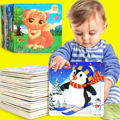 Montessori 3D Wooden Puzzle – 20 Cartoon Animal & Vehicle Pieces for Kids (Ages 1-3)