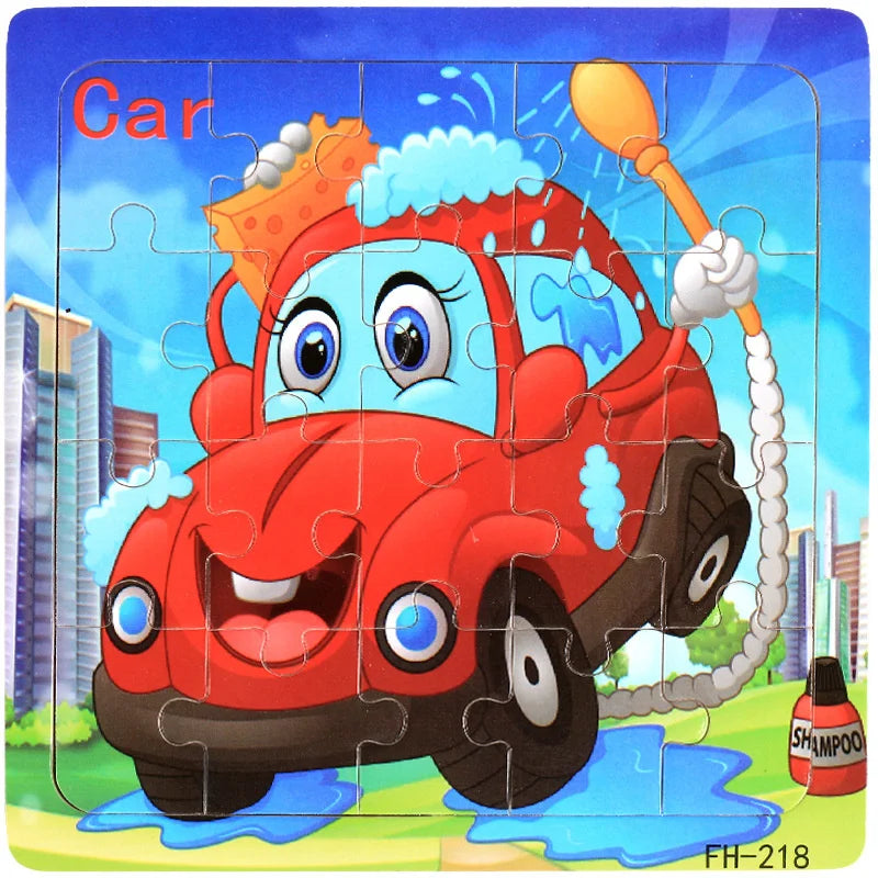 Montessori 3D Wooden Puzzle – 20 Cartoon Animal & Vehicle Pieces for Kids (Ages 1-3)