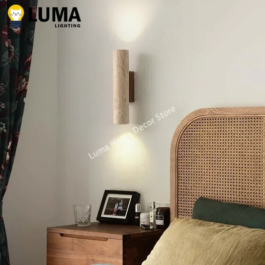 Natural Travertine Stone Wall Light – Wabi Sabi Wooden Sconce for Modern Home Decor