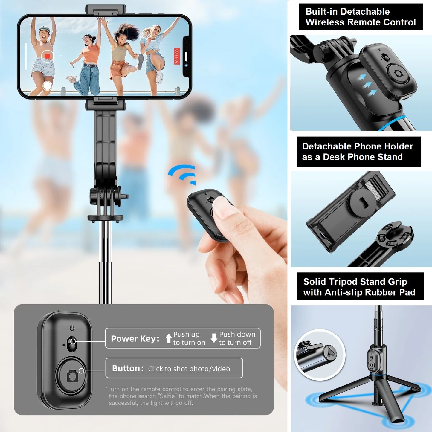Extendable Selfie Stick & Tripod Stand – Bluetooth Remote for iPhone, Samsung Galaxy & Android Devices