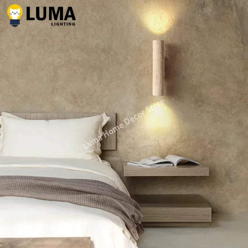 Natural Travertine Stone Wall Light – Wabi Sabi Wooden Sconce for Modern Home Decor
