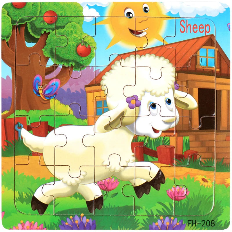 Montessori 3D Wooden Puzzle – 20 Cartoon Animal & Vehicle Pieces for Kids (Ages 1-3)