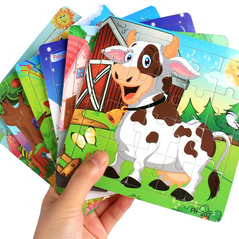 Montessori 3D Wooden Puzzle – 20 Cartoon Animal & Vehicle Pieces for Kids (Ages 1-3)